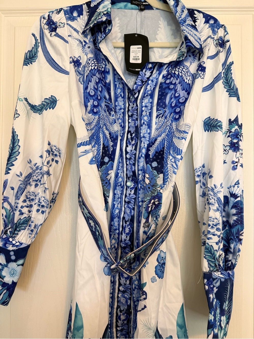 Fashion Nova Women's Blue & White Floral Shirt Dress